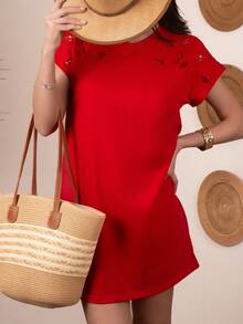 Vestido Corto Manga Corta Color Rojo Tira Color Dorado - Rosa Fucsia - Ver 2