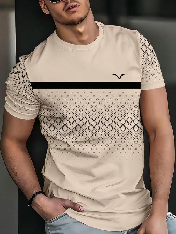 Men's Fashion Patchwork Short Sleeve T-Shirt, Geometric Rhombus And Solid Color Combination, Simple And Versatile Pullover Top