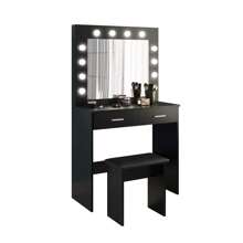 Jooli H Dressing Table Set With LED Lights Mirror, Vanity Makeup Table 2 Large Drawers And Stool, Black - Black - View 7