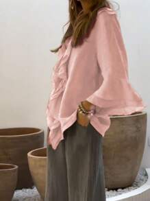 Conjunto casual de primavera/verano para mujer, camisa de bolsillo con botones y dobladillo con doble volante de unicolor, estilo retro, cómoda y transpirable, diseño de dobladillo con volante de alta calidad, camisa suelta y de moda con diseño de decoración de volante de unicolor, diseño único, camisa digna y elegante - Rosa - Ver 5