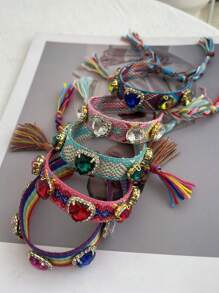 1pc Bohemian-Style Creative Fashion Elegant Minimalist Heart-Shaped Crystal Braided Bracelet For Women, Sisters, Or Couples Perfect For Daily Wear, Dates, Parties, Holidays, Gifts, Or Vacations Adjustable Size