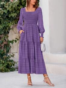 Women's Spring Summer Long Sleeve Dresses Wedding Dresses Elegant Fluffy Long Sleeve Locked Waist Swing Fluttering Long Dresses - 紫色 - 查看 1