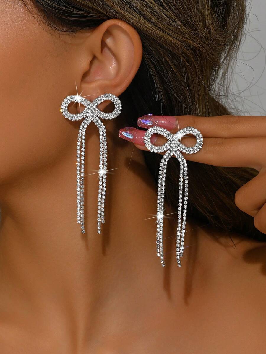 1 Paio di Eleganti Orecchini a Nappina con Fiocco Brillante, Orecchini a Perno con Cristalli Scintillanti, Accessori di Gioielleria alla Moda per Donne