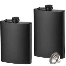 Potes de aço inoxidável de 8 onças (226,8 gramas) e 12 onças (340,2 gramas), à prova de vazamentos, finos e planos com funil (acabamento preto fosco), projetados para uso externo como bagagem de mão. Presente para o pai