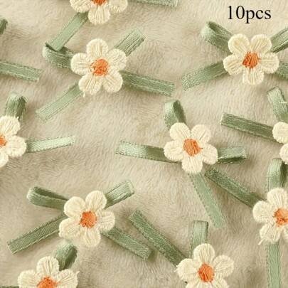 5/10/15/20 件缎面花朵蝴蝶结胶带 - 绿色和白色花卉装饰，适用于 DIY 工艺品、珠宝制作和服装装饰