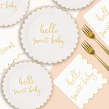 10/20pcs Welcome Newborn White Gold Theme Lace Foil Scribble Pattern Party Supplies, Includes 7"/9" Lace Rim Paper Plates, Party Napkins, Paper Cups, Suitable For Birthday Party, Family Gathering, Campfire Night, Outdoor Picnic, Baby Shower, Gender Reveal Party Summer Gifts Wedding Beach Back To School School Supplies Room Decor