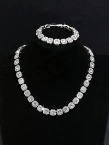 2pcs/Set HIP HOP Men's Chain Shape Inlaid Rhinestone Bracelet Necklace Miami Daily Necklace Party Accessories Perfect Jewelry