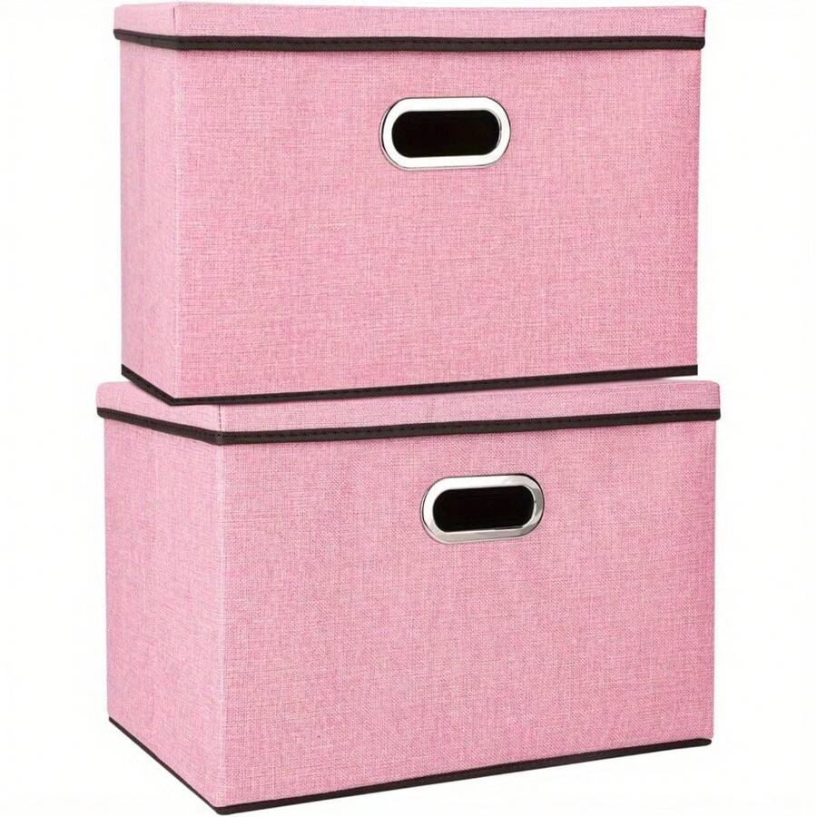 2pcs Foldable Fabric Storage Boxes With Lids Storage Cube Toy Box Storage Basket - Pink - View 1