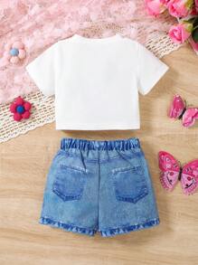 Set de 2 bucăți pentru fetiță, drăguț, la modă, cu imprimeu de fluturi, cu mânecă scurtă și set de pantaloni scurți, vară