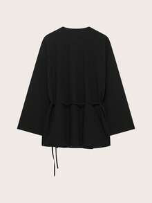 休闲纯色系带长袍式夹克，适合春秋季节 - 黑色 - 查看 2