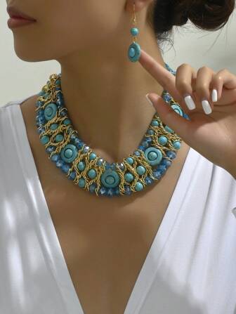 [Luxury Boho Style] Synthetic Crystal & Turquoise Braided Necklace, Vintage Jewelry Set For Women, Gift For Wedding, Party, Beach, Aluminum Multipurpose Accessory