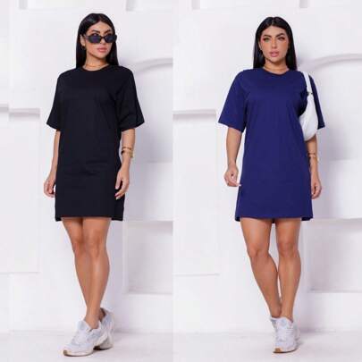 Kit 2 Vestidos Gola Redonda Algodão