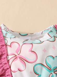 2pcs/Set Infant Girls Adorable Ribbed Patchwork Clover Print Long Sleeve Bodysuits With Hair Band, Spring/Summer Outfit - Pink - View 6