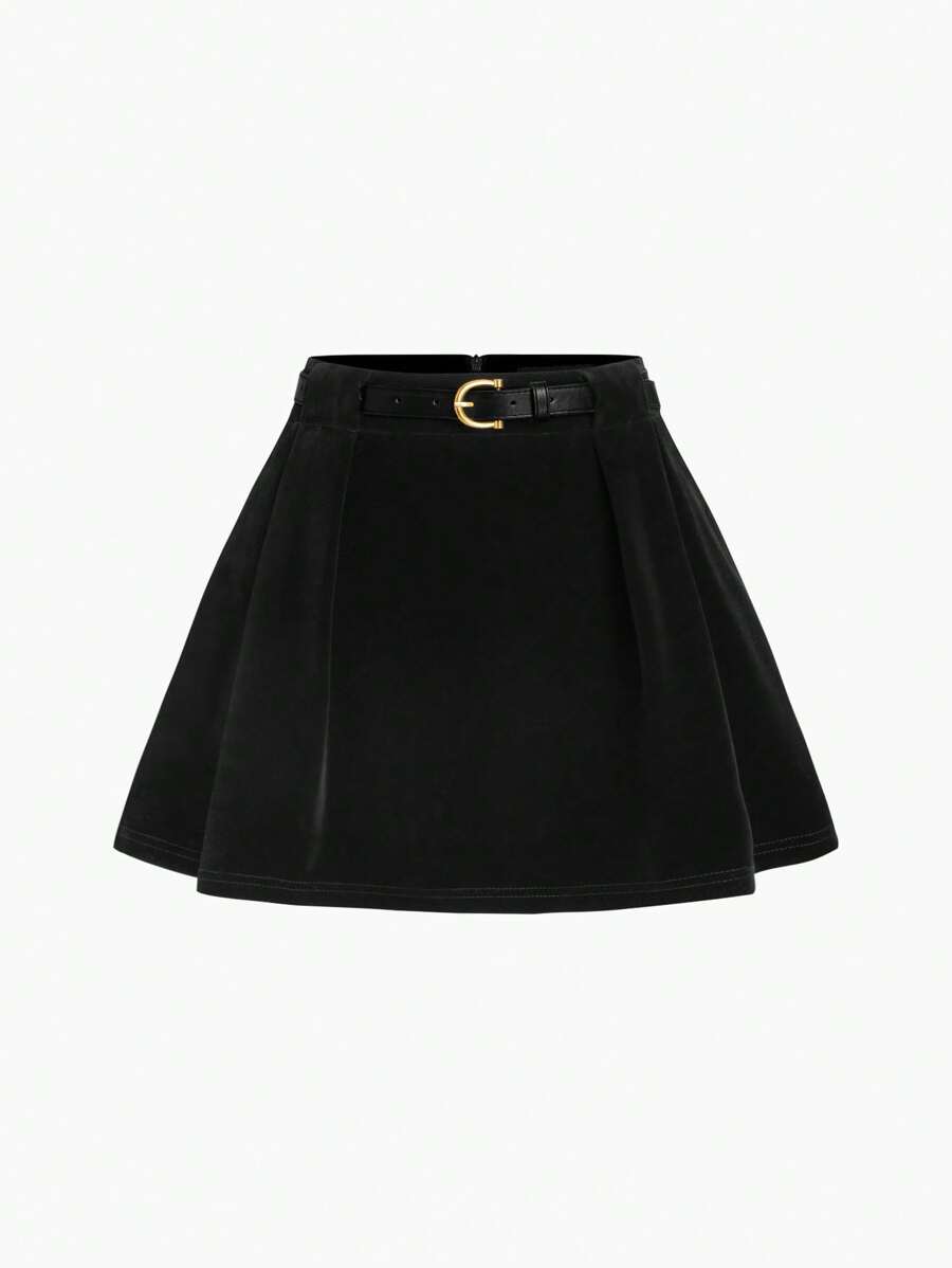 Girl Sporty & Sweet Solid Color Velvet Mid Rise Ruffle A-Line Mini Skirt With Belt, For Summer