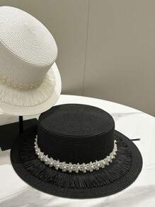 1pc Women Straw Weave Hat, Casual Cute Elegant Tasseled Pearl Flat Top Straw Hat For Summer, British Style Beach Sun Hat Suitable For Outdoors, Travel And Leisure Use - MZ2791 - View 3