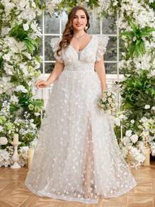 UNITHORSE 加大码甜心领盖袖飘逸花卉网眼覆盖开衩下摆轻盈婚纱晚礼服新娘全白派对装女士