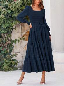 Women's Spring Summer Long Sleeve Dresses Wedding Dresses Elegant Fluffy Long Sleeve Locked Waist Swing Fluttering Long Dresses - Màu xanh hải quân - Xem 3