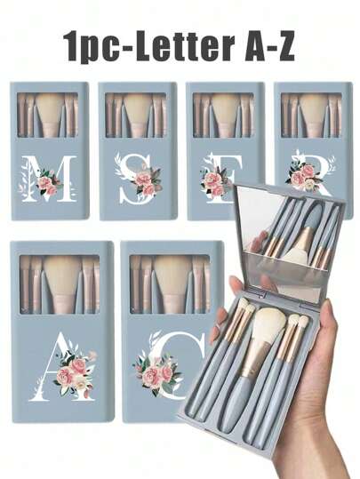 5pcs/Set Portable Makeup Brush Set With Mirror, Printed White Flower Letters A-Z, Boxed Makeup Brush Set, Multi-Functional Makeup Brush With Mirror Box, Mini Multi-Functional Makeup Pen, Foundation Make-Up Up Brush, Eye Shadow Brush, Primary Beauty Tool Mixing Brush The Makeup Rack Of The Makeup Organizer Includes Makeup Brush, Convenient Girl Gift Makeup Tool Set Ideal Gift, Portable Travel Supplies Travel Necessities(Blue)