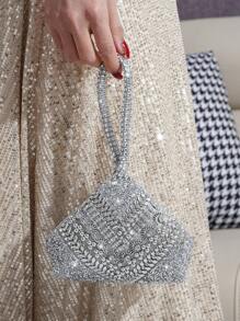 迷你晚宴包、不对称包、镶嵌闪亮水钻手提包、女士奢华手拿包、派对活动包、化妆品收纳包 - 銀色 - 查看 2