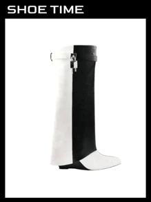 Padlock Detail Fold Over Wedge Knee High Boots - Black and White - View 1