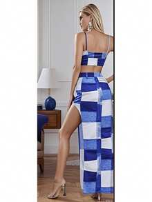 Conjunto de Moda Feminino | Top Triángulo + Falda con Cuadros y Rendija Alta, Perfecto para Street Style Urbano - Azul - Ver 2