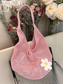 Hollow Woven Straw Bag, Bohemian Style Beach Tote Bag, Hollow Woven Tote Bag, Large Capacity Shopping Beach Bag, Fashion Hollow Woven Straw Bag, Beach Tote Bag, Bohemian Style Beach Bag, Casual Hollow Woven Tote Bag, Vacation - Pink - View 1