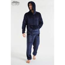 City Comfort Pyjama Set Warm Fleece With Fluffy Hoodie - Navy Blue - View 6