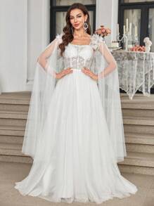 UNITHORSE Off Shoulder Dropped Sleeve Floral Decor Waist Cinch Extra Long Elegant Dress, Wedding Dress,Bride, All White Party Outfit Women - White - View 4