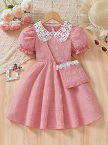 2pcs/Set Young Girl' Fashion Ruffle Collar Puff Sleeve Dress + Matching Minimalist Handbag