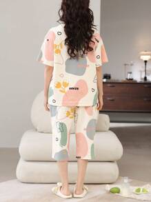 2 Potong Set Piyama Wanita, Atasan Lengan Pendek Motif Kelinci Lucu & Bunga, Celana Panjang 3/4 Kasual Modis, Cocok Untuk Musim Semi & Musim Panas - Aprikot - View 2