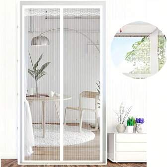 AIYYIPA 1 件白色条纹磁性薄纱窗帘，带蕾丝绣花边，垂直条纹设计，多功能防虫房间隔断，适用于客厅卧室厨房，自粘可洗涤纶门帘