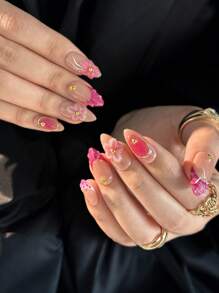 10 件裸色杏仁形手工按压指甲，简约温柔风格，3D 捏花，金钢珠和珍珠，镀金铬，可拆卸和重复使用，适合女孩和女士日常、节日、派对指甲装饰，带果冻胶和指甲锉指甲用品