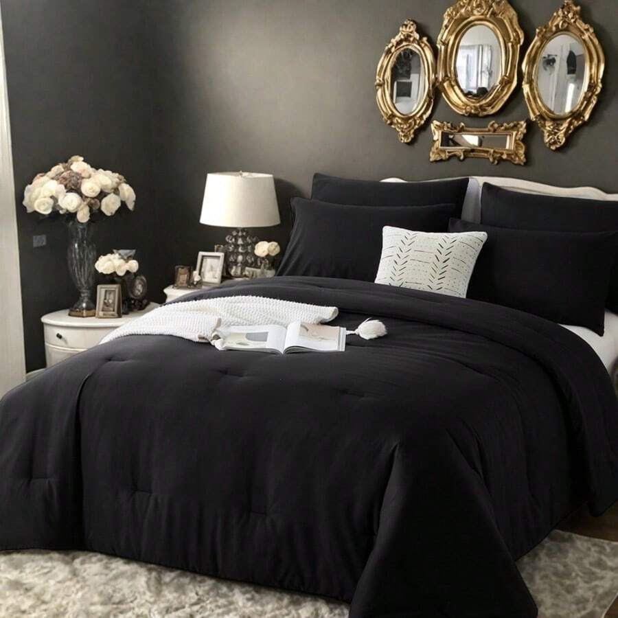 3 Pieces (Full/Queen/King) Elegant Bed In A Bag Comforter Set, Twin(2 Pieces),Stylish Solid Comforter, Soft Microfiber, Comfortable And Warm, Cloud-Like Soft Bedding Set, Bedroom Decor For Spring/Summer/Autumn/Winter, Ideal Gift - màu đen - Xem 1