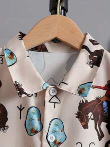 Boys' Bull Skull Print Shirt, Short Sleeve Casual Loose Breathable Holiday Shirt For Summer
