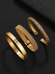 3pcs/Set Stylish Bully Stainless Steel Roman Word Twist Weave Crosshatch Decoration 's Bracelet Set Suitable For Everyday Matching Use Festive Jewellery