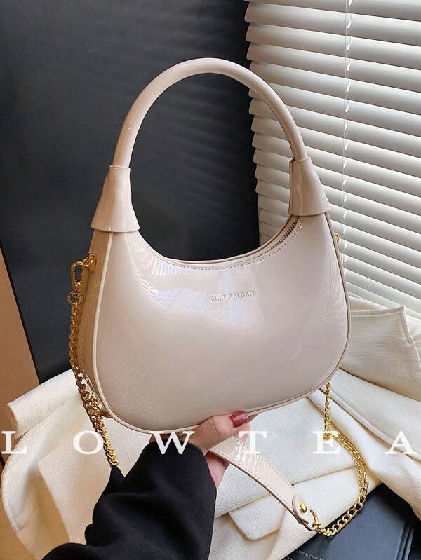 1pc Low Tea Solid Color Shiny Patent PU Leather Shoulder Bag, Women Fashion Underarm Bag Crescent Bag Letter Design, Top Handle With Metal Zipper Closure, Metal Chain Shoulder Strap For Shoulder Or Crossbody Use, Suitable For Daily And Outing