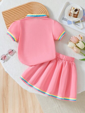 2st flickor Broderad krage Top och Casual Patchwork Kjol Set