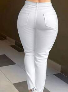 Women's Stretch Skinny Jeans - Classic Slim-Fit Denim Pants With Zip & Button Closure, High-Waisted Comfortable Everyday Jeans - 白 - 查看 3