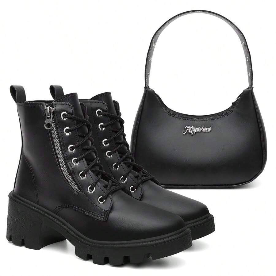 Women's Ankle Boot With Block Heel Side Zipper Special Sizes 34 To 42 - Black - View 1