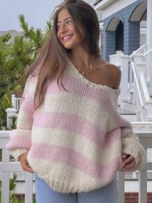 Women's Loose One-Shoulder Long-Sleeved Off-Shoulder Sweater Striped Knit Color Casual Pullover - Hồng - Xem 1