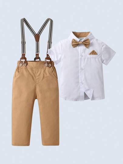 BOARNSEORL 2pcs Baby Boys Gentleman Outfit Set: Short Sleeve White Shirt With Bowknot And Overalls Pants, Casual & Comfortable For Daily Outings, Parties, Birthday Celebrations