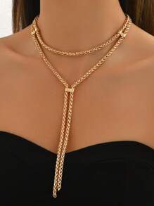 1pc colar feminino em forma de Y, moda outono/inverno, corrente de borla simples e colar com pingente longo de contas, acessório versátil para o dia a dia e estilo de rua - Dourado - Ver 2