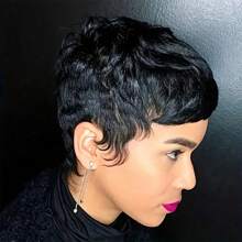 4-Inch Short Straight Layered Remy Human Hair Wig, 150% Density, Malaysian Remy Hair, Black, Elegant Pixie Short Wig For Women - 黑色 - 查看 3