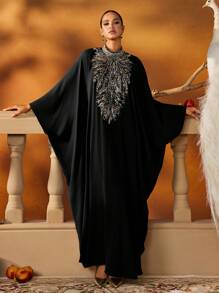 AmazingHoney 奢华绿色串珠刺绣长款卡夫坦，搭配优雅的蝙蝠袖，Abaya Kaftan 端庄连衣裙，阿拉伯女式连衣裙（超大尺码 - 请查看尺码表） - 黑色 - 查看 8