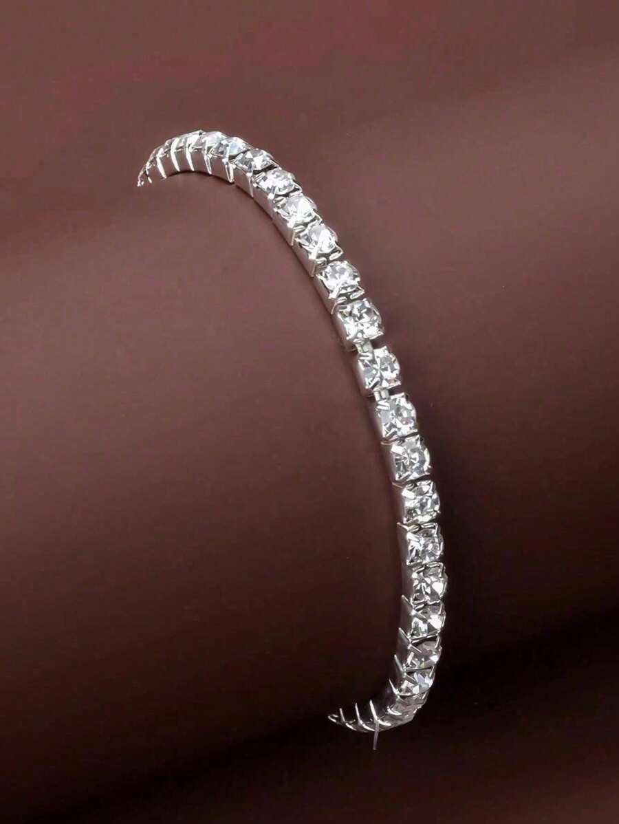 1 Piece Fashionable And Sweet OL Single-Row White Rhinestone Personalized Women's Stretch Bracelet - Silver - View 1