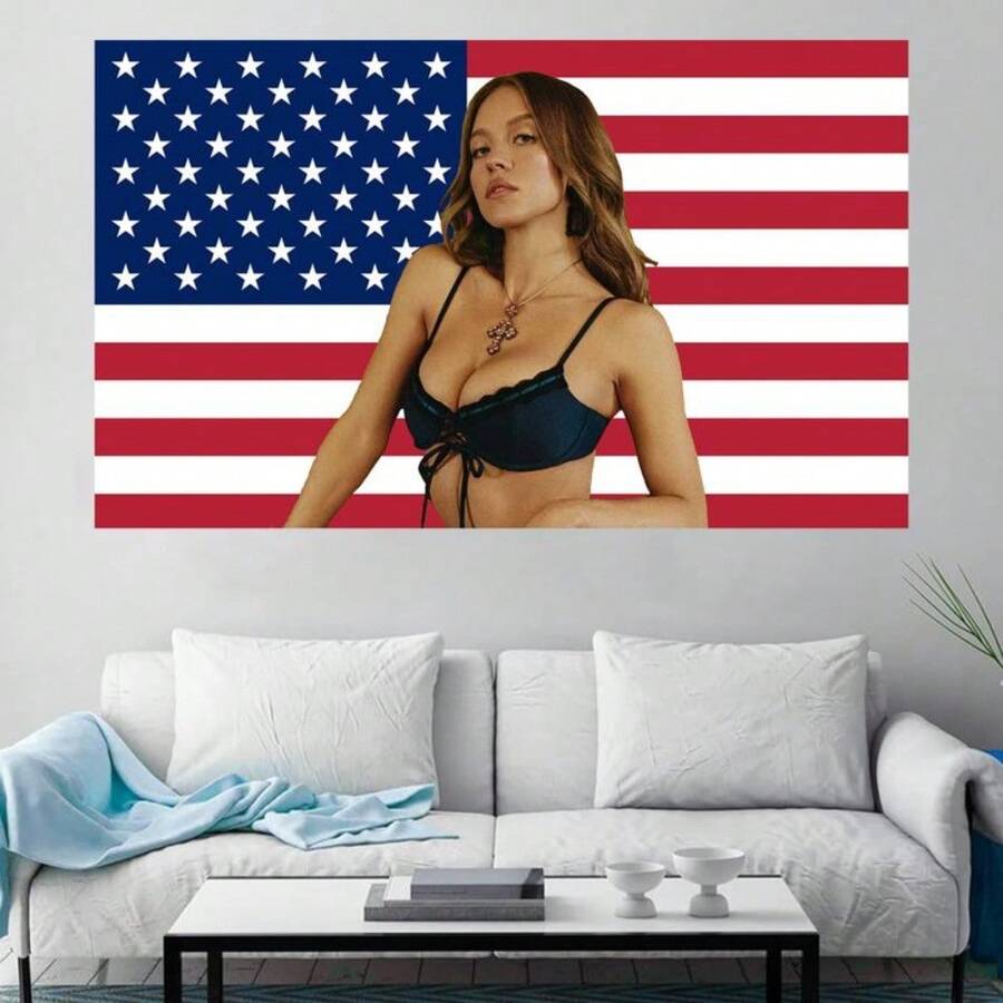 Sydney Sweeney Red America Flag SexyFunny Meme Wall Tapestries College Dorm Room Decor Man Cave Banner For Bedroom Living Room Dorm Wall Decorations Decorate Tapestry - 3x5ft - View 1