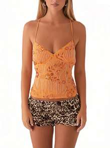 Women Y2k Sequin Beaded Cami Top Sparkly Floral Open Back Spaghetti Strap Crop Tank Top Sexy V Neck Camisole Summer Backless Pearl Embellished Shirts Going Out Tops Beach Vacation Party Clubwear Fairy Grunge Retro Aesthetic Clothes Streetwear - trái cam - Xem 3
