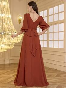 UNITHORSE V Neck Puff Sleeve Pleated Tie Waist Loose Hem Dress, Elegant Dress, Women's Bridesmaid Dress - Orange - View 3