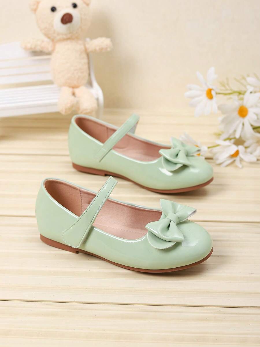 Girls Silver Bow Decor Cute Princess Flat Shoes, Casual Low Vamp Shoes For Older Kids, Spring/Summer, Student/Dance Performance - Mint Green - View 1