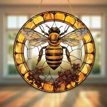 1 Piece, 2D Bee And Flower Sun Catcher, Colored Glass Pendant, Suitable For Indoor/Outdoor Use, Suitable For Garden, Porch, Bedroom, Office Decoration, Perfect Spring Gift